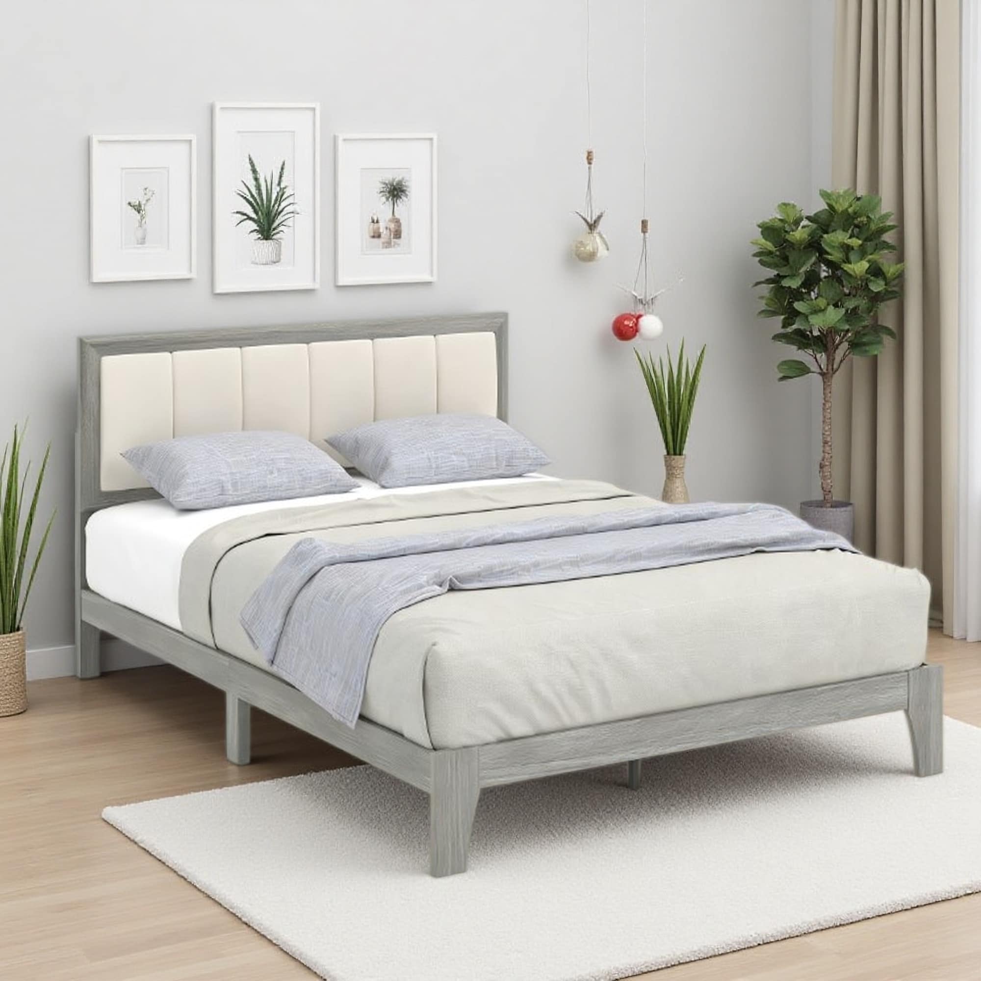 Queen Size Wooden Platform Bed Frame with Upholstered Headboard and Low-Profile Design