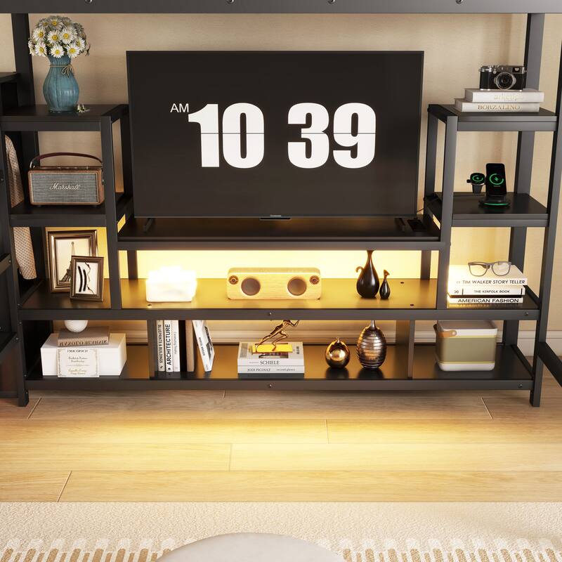 Full Size High Metal Loft Bed Frame with Entertainment TV Stand, Shelves, LED Light Strip, Charging Station, Staircase Wardrobe