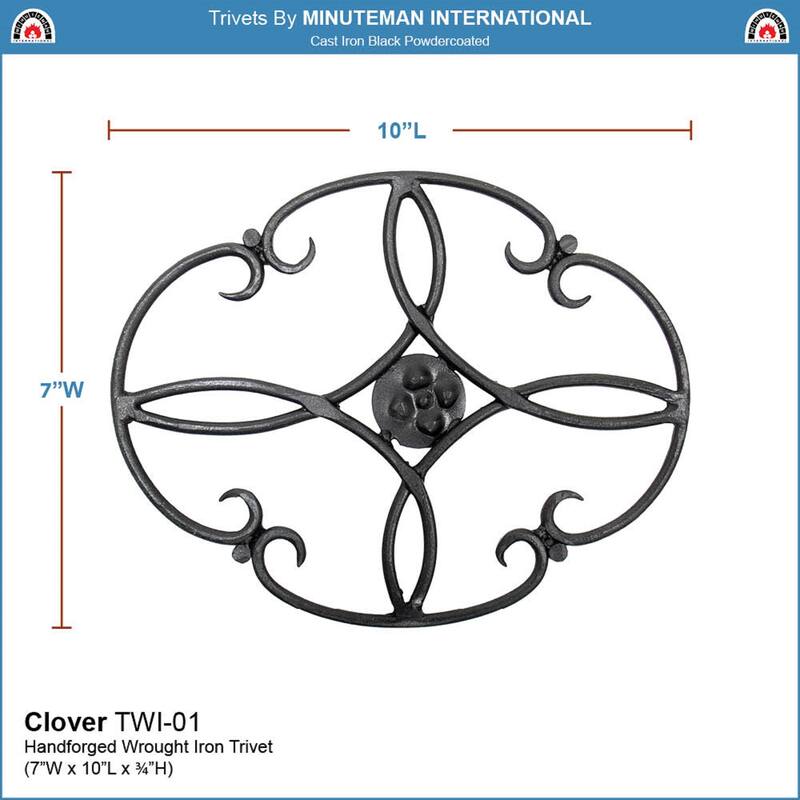 Minuteman International Oval Clover Wrought Iron Trivet, 10 Inch Long, Black