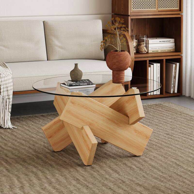 33.4" Modern Round Coffee Table with Clear Tempered Glass Top and MDF Legs for Living Room