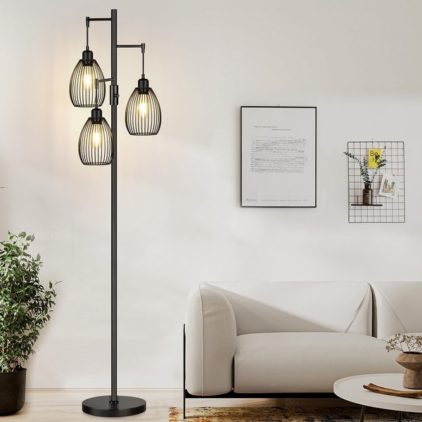3 x 800LM LED Edison Bulbs Included Farmhouse Industrial Floor Lamp Standing Tree Lamp with Elegant Teardrop Cage Tall Lamps Bed Bath Beyond 39818440