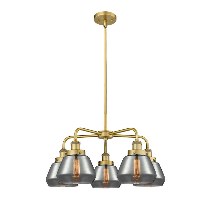 Innovations Lighting Fulton - 5 Light 25" Stem Hung Chandelier - Brushed Brass/Light Smoke
