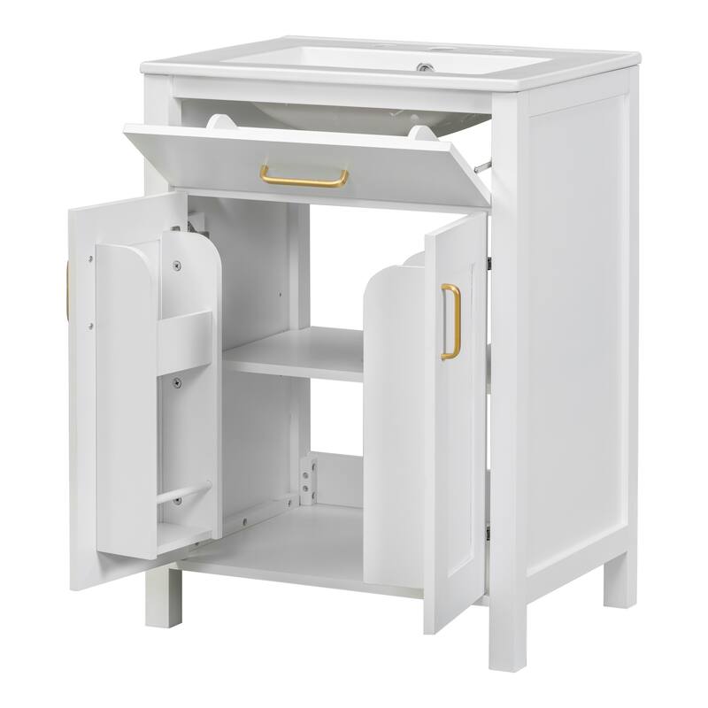 24-Inch Bathroom Vanity Combo with Ceramic Sink, Soft-Close Doors, Golden Handles, and Adjustable U-Shelf