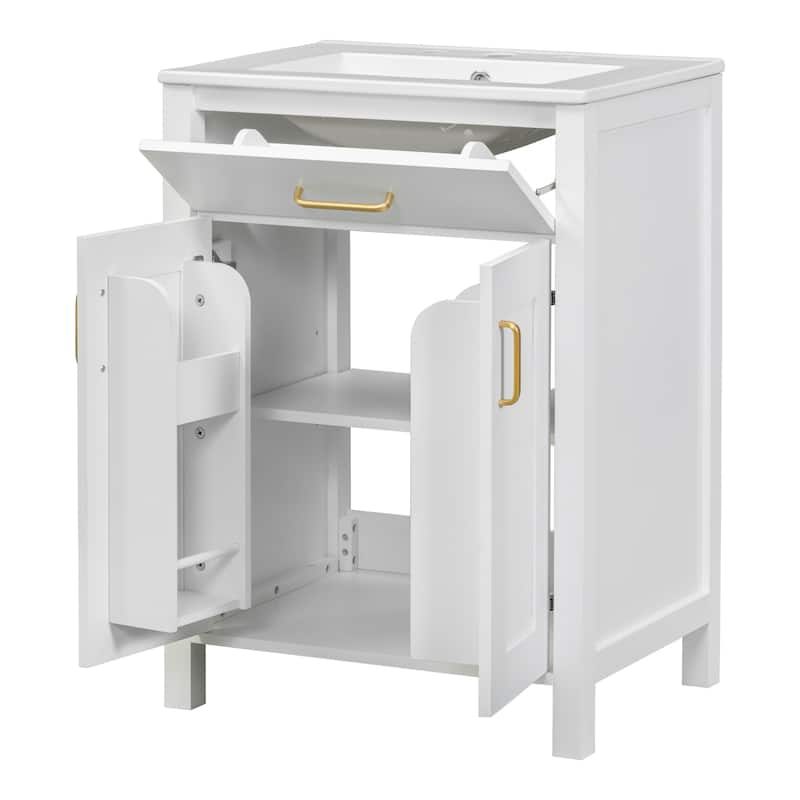 Roomfitters 24" Bathroom Vanity with Ceramic Sink, Compact Storage Cabinet with 2 Soft-Close Doors, Gold+White