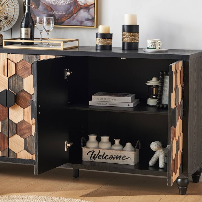 Distressed Storage Cabinet with Honeycomb Pattern, Modern Accent Cabinet with Doors for Entryway Buffet Sideboard