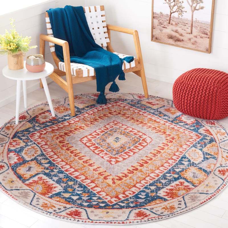 SAFAVIEH Farmhouse Ladeana Boho Tribal Polyester Rug - 6'3" Round - Ivory/Navy