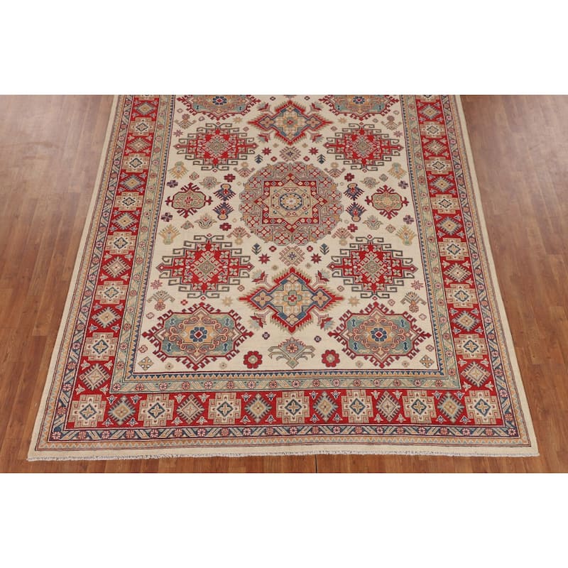 Ivory Geometric Kazak Oriental Area Rug Handmade Wool Carpet - 8'0" x 10'3"
