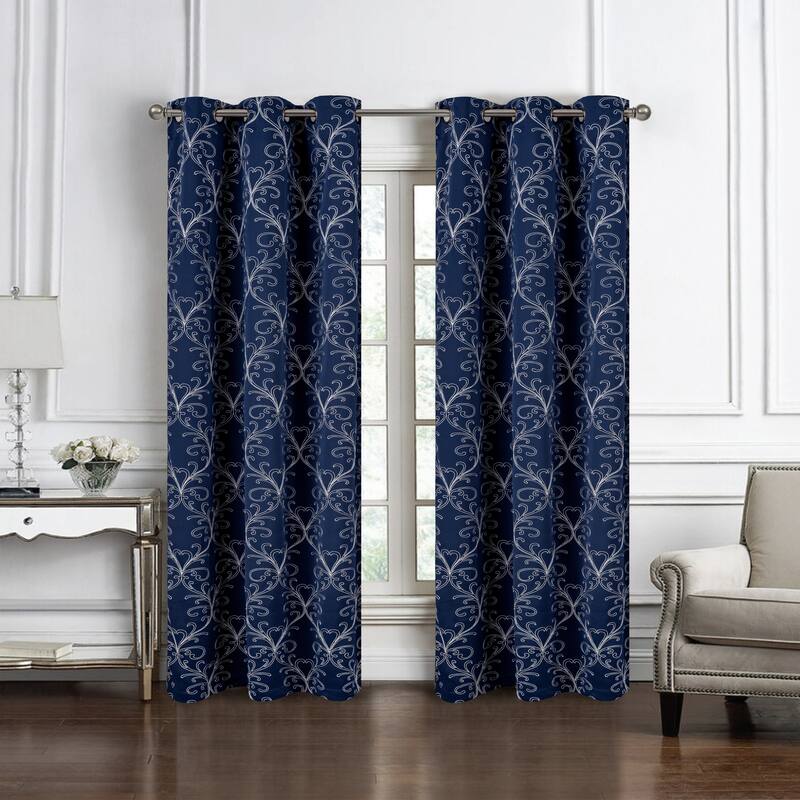 Kimber Embroidered Privacy Window Curtain Panel 84" or 90" - 54" x 90" - Navy Blue