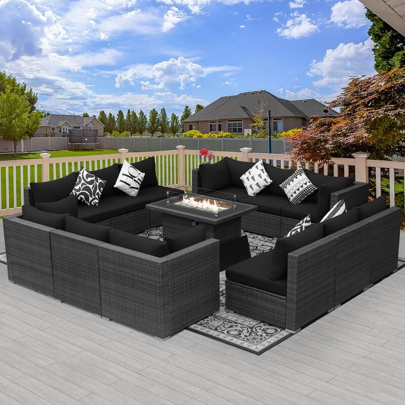 FINCATI Outdoor Grey Wicker Sectional Furniture Patio Sofa Set with Firepit Table - 13 Piece - Black