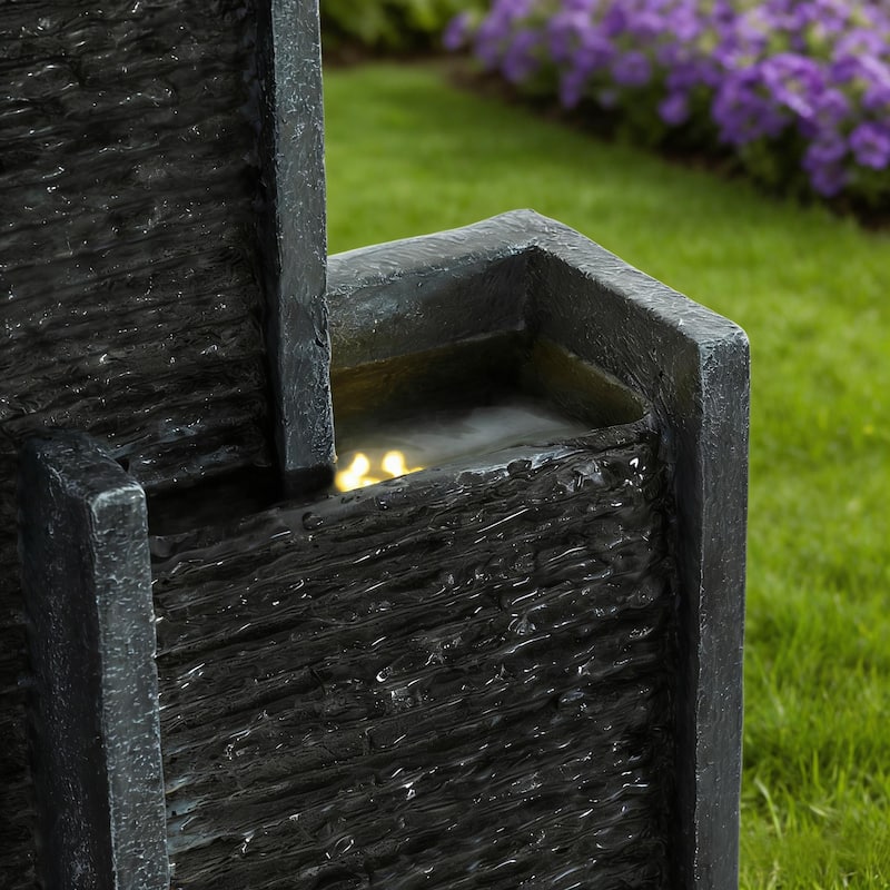 GDFStudio - Modern 40" Outdoor/Indoor Water Fountain with Floor-Standing Curved Cascading Waterfall & LED Lights