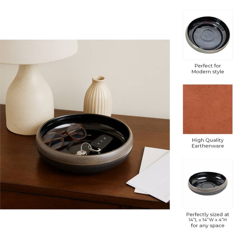 Decorative Round Glazed Bowl with Two Tone Finish - 14", Tan & Blue - 14.0"