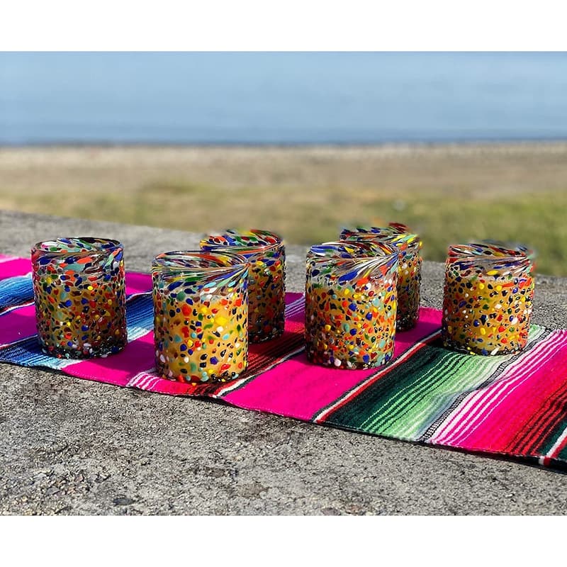 Dos Suenos Hand Blown Mexican Drinking Glasses - Set of 6 Confetti Rock Tumbler Glasses (10 oz each)