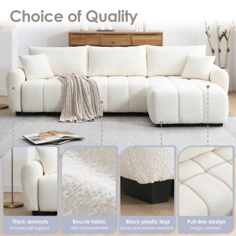 110" Modular L-Sectional - Boucle Fabric, Pull-Line Design, Movable Ottoman, 3 Color Options
