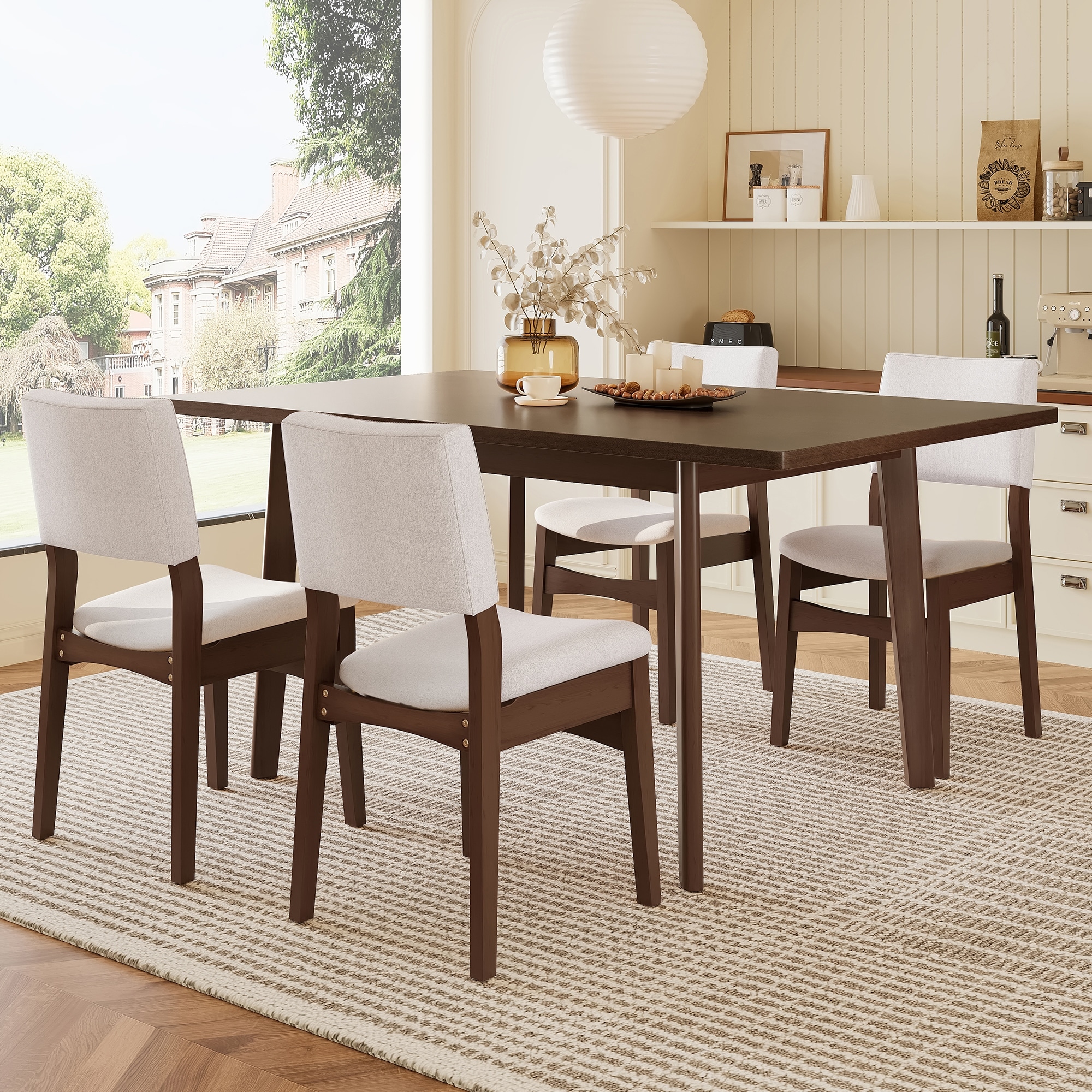 5-Piece Modern Dining Set - Rectangular Solid Wood Table & Upholstered Linen Chairs, Walnut Finish with Fabric for Kitchen