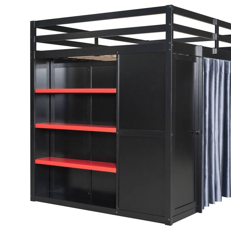 All-in-One Loft Bed Full Size Bedframe with Wardrobe, Shelves, Blackout Curtains, Pegboard, Charging Station and RGB Light Strip