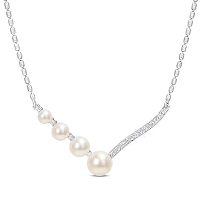 Miadora Freshwater Cultured Pearl and Created White Sapphire Chevron Pendant in Sterling Silver