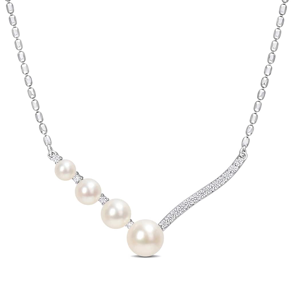 Miadora Freshwater Cultured Pearl and Created White Sapphire Chevron Pendant in Sterling Silver