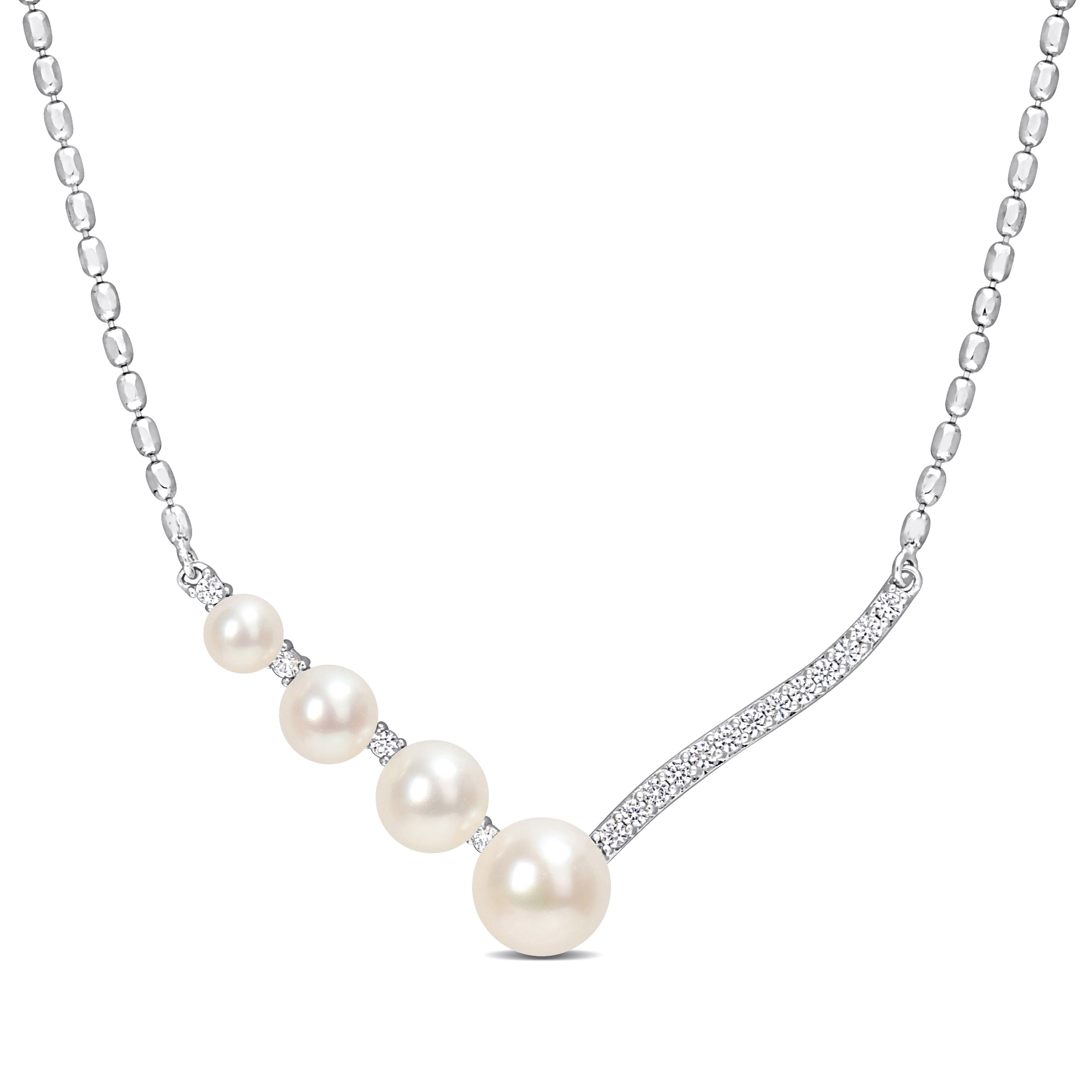 Miadora Freshwater Cultured Pearl and Created White Sapphire Chevron Pendant in Sterling Silver