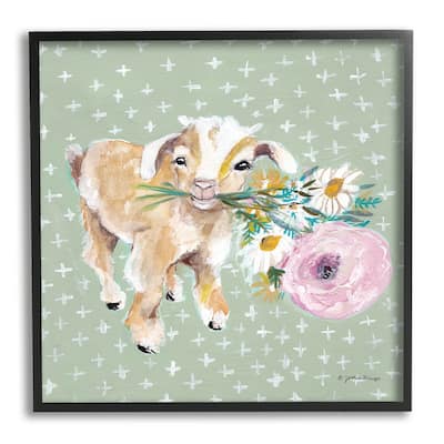 Stupell Attentive Buckling Goat Offering Flowers Studded Backdrop Framed Wall Art, Design by Jessica Mingo - Green