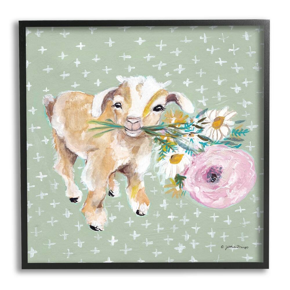 Stupell Attentive Buckling Goat Offering Flowers Studded Backdrop Framed Wall Art, Design by Jessica Mingo - Green