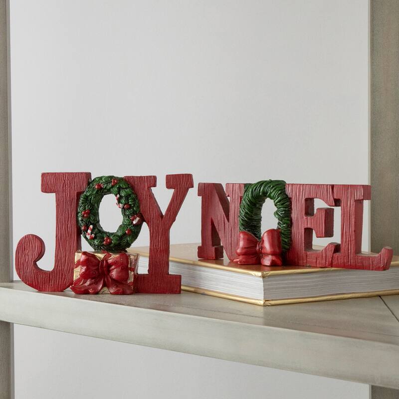 Wreath and Bow "Noel" and '"Joy" Christmas Signs - Set of 2