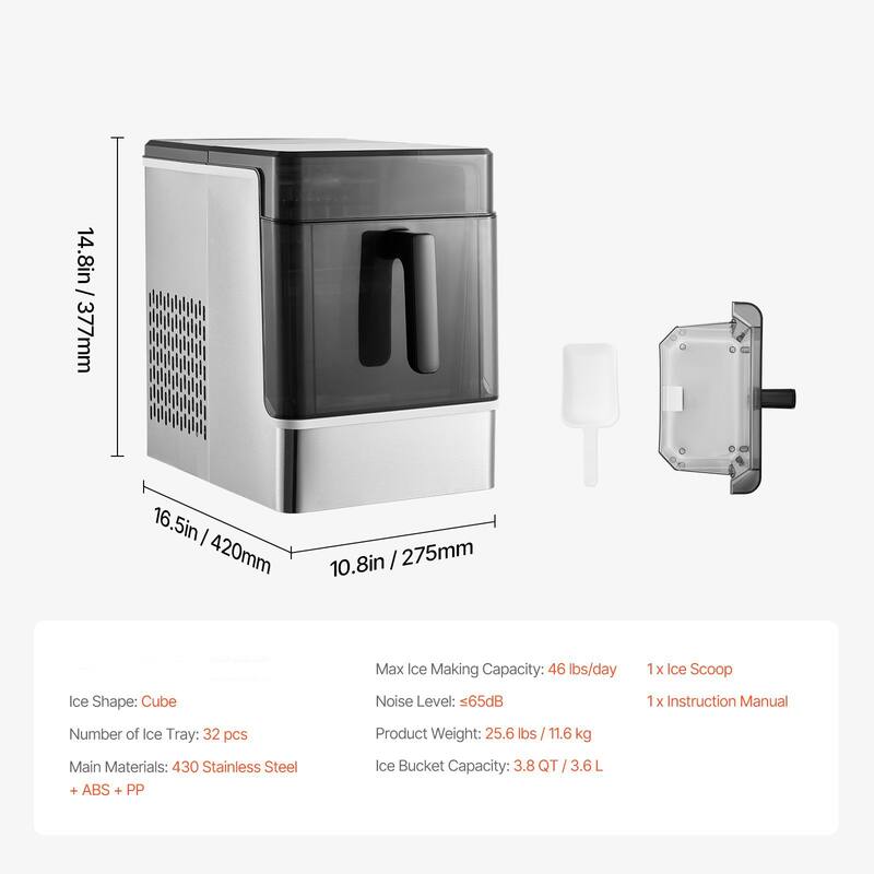 Black and Silver Stainless Steel Countertop Ice Maker with 3 Cube Sizes and Self Cleaning - 10.8 x 16.5 x 14.8 in