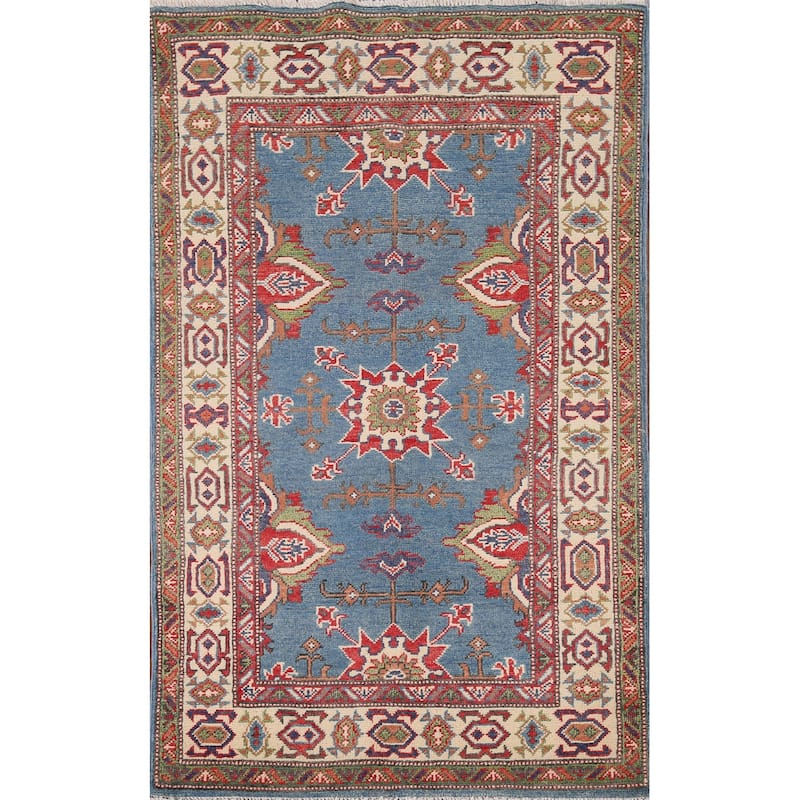 Blue Geometric Kazak Oriental Foyer Rug Handmade Wool Carpet - 2'11" x 4'11"