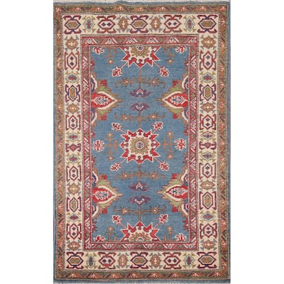 Blue Geometric Kazak Oriental Foyer Rug Handmade Wool Carpet - 2'11" x 4'11"