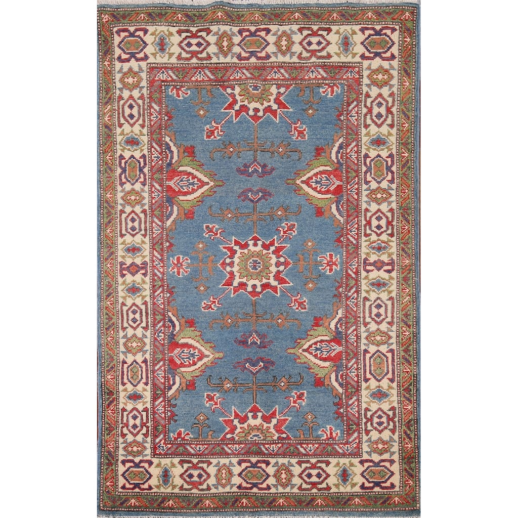 Blue Geometric Kazak Oriental Foyer Rug Handmade Wool Carpet - 2'11" x 4'11"