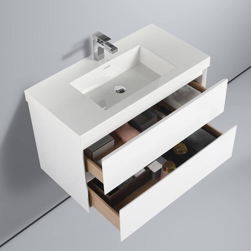 Blossom Assisi Glossy White 36 Inch Wall Mounted Bathroom Vanity with Acrylic Sink