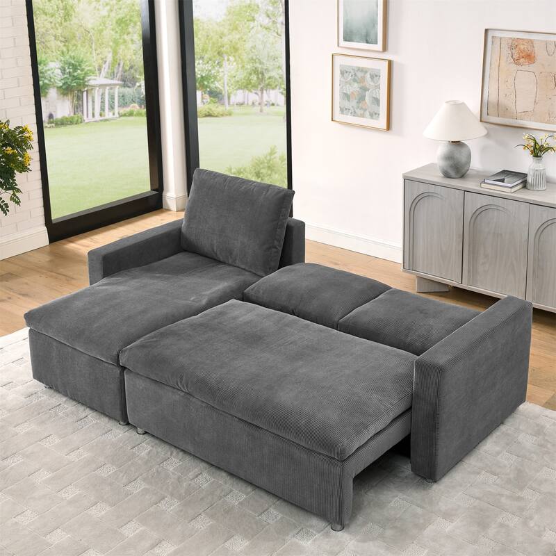 L Shaped Sofa Convertible Pull-out Sleeper Sofa Bed, Living Room Sectional Daybed with Storage Chaise, Corduroy Recliner - Grey