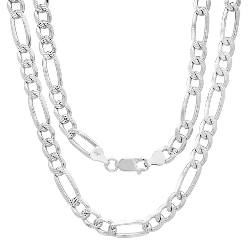 Roberto Martinez Sterling Silver 7 mm Figaro Pave Chain Necklace (20"-26") - 20 Inch