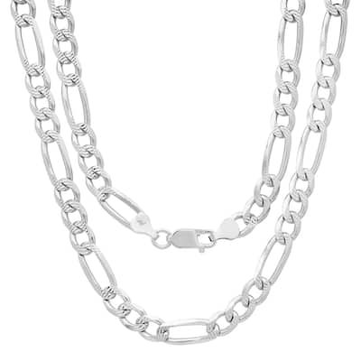 Roberto Martinez Sterling Silver 7 mm Figaro Pave Chain Necklace (20"-26")