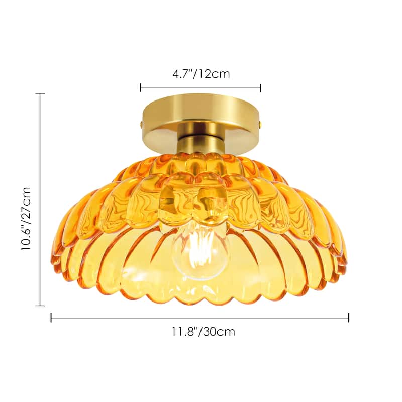 1-Light Vintage Brass Finish Metal Semi-Flush Mount Ceiling Light with Amber/Green/Grey/Clear Glass Shade for Kitchen, Hallway