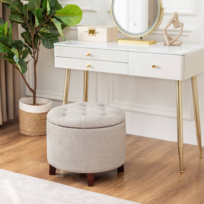 Adeco Round Linen Storage Ottoman Tufted Fabric Footstool with Lid