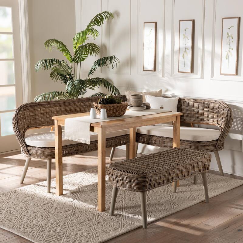 Raisa Modern Bohemian Natural Kubu Rattan Bench and Wood Table Dining Nook Set
