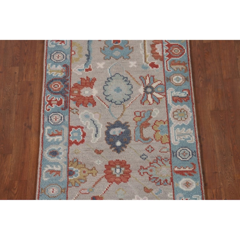 Floral Gray Oushak Oriental Runner Rug Handmade Wool Carpet - 2'7"x 7'11"