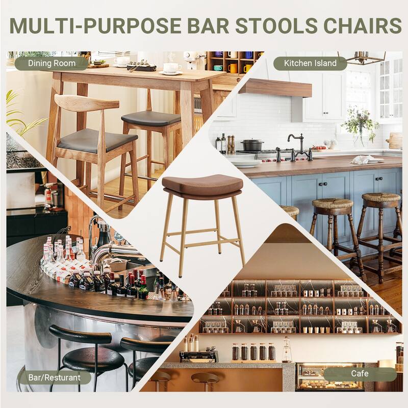 RENEWLINE Metal Bar Stools, 24 Inch Backless Counter Height Stools（Set of 2/3/4/6） with PU Leather Seat & Footrest