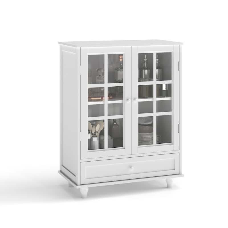Anmytek Modern White Buffet Cabinet with Glass Doors and Drawer Wooden Storage Sideboard for Dining Room