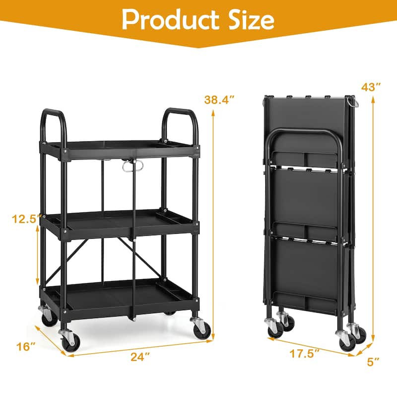 Costway Folding Collapsible Service Cart Heavy-Duty 3-Shelf Tool Cart - 24'' x 17'' x 38'' (L x W x H)