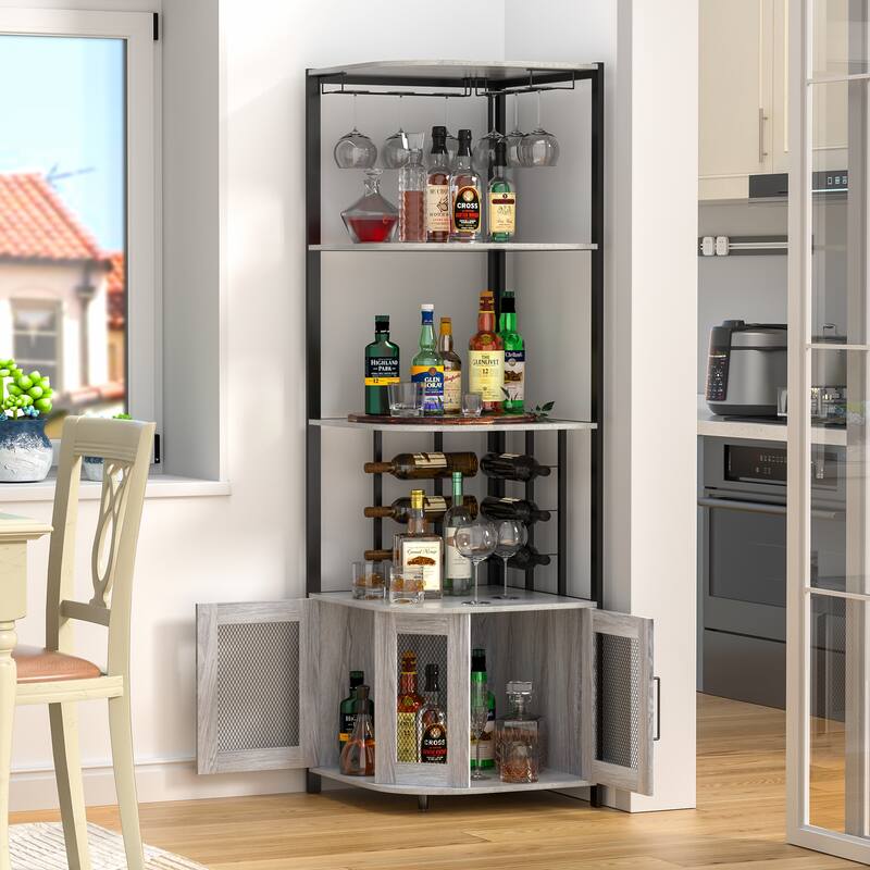 Anmytek 5 Tier Industrial Wooden Corner Wine Rack with Glass Holder & Storage Shelves