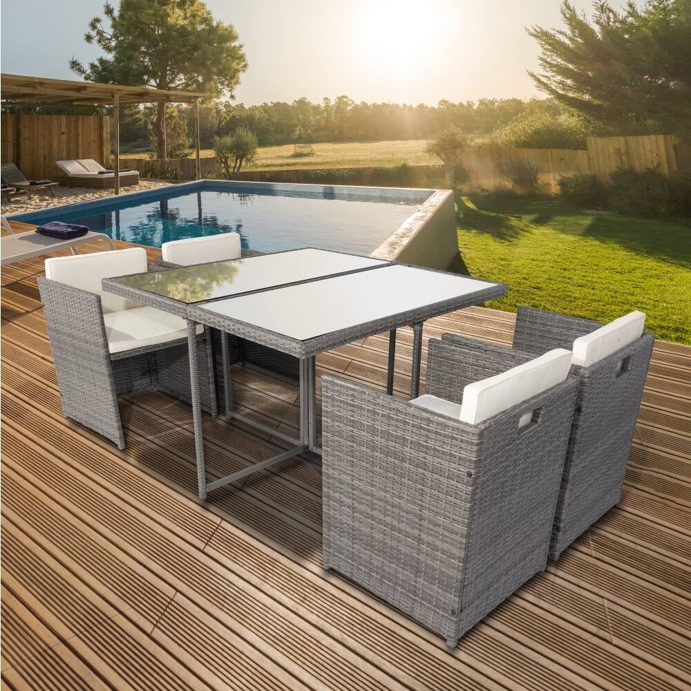 5-Pieces Rattan Patio Dining Sets Chairs with Glass Table with Cushion