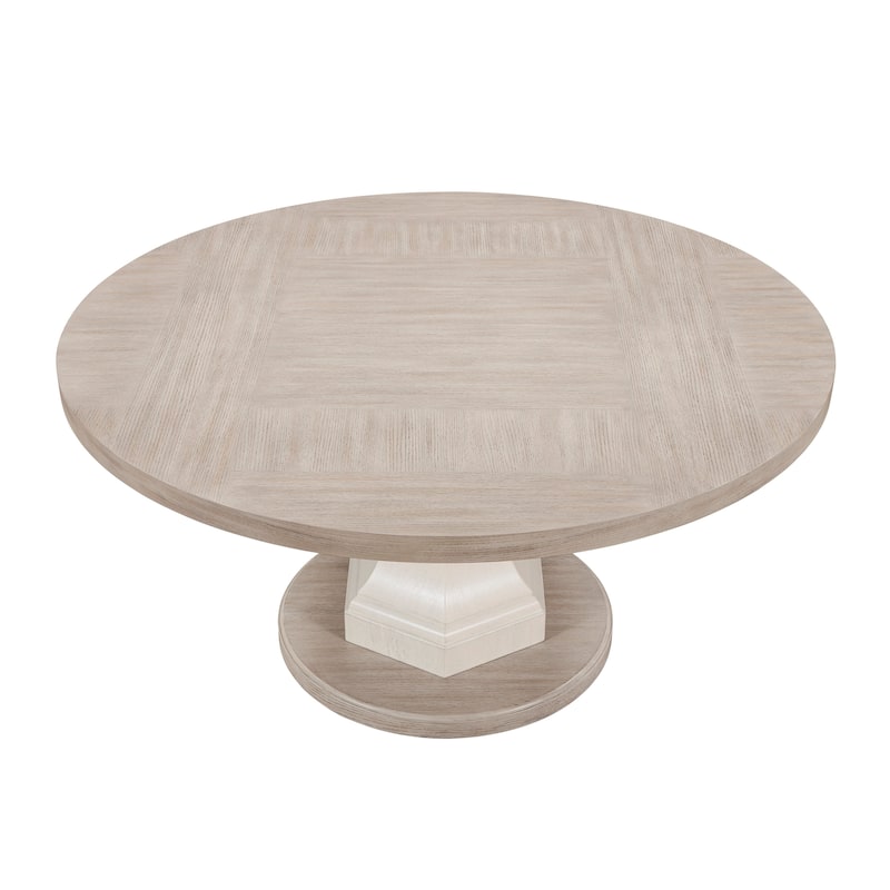 Modern 5pc Dining Set Round Table and 4x Side Chairs Ivory Fabric Upholstered Furniture