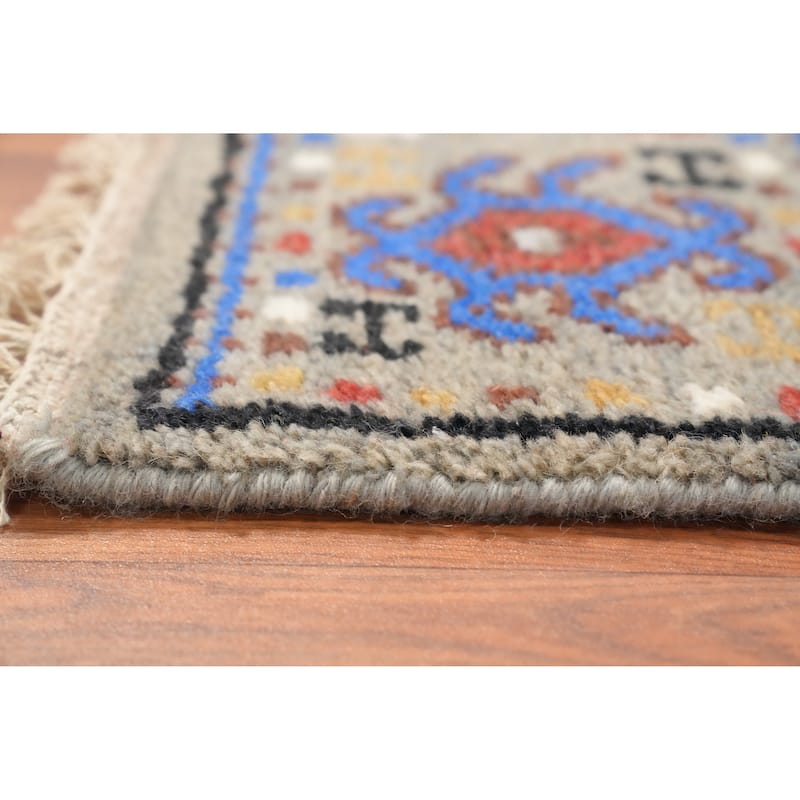Hand Knotted Oriental 100% Wool Carpet Traditional Tribal Greys & Charcoal Kazak Runner Rug - 9' 11'' X 2' 7''