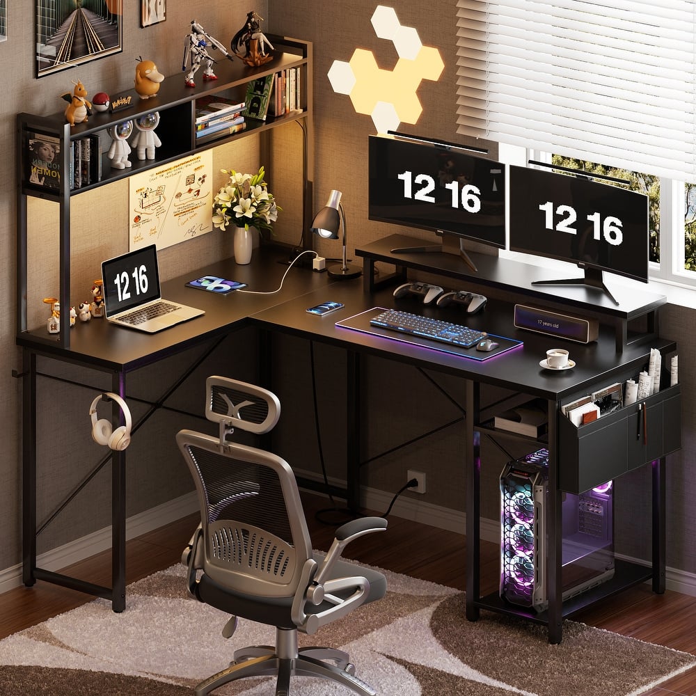 Farmhouse L-shaped Corner Desk with Charging Station, Gaming Table with Hutch and LED Light