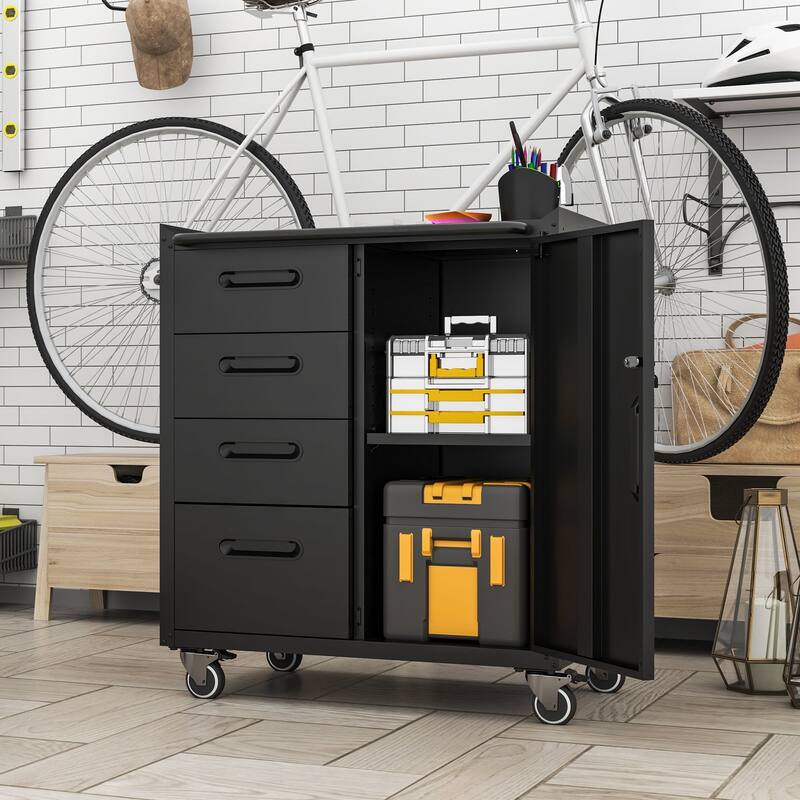 Sturdy Steel Rolling Cabinet - Black