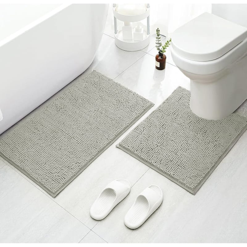 2 Piece Set Warm Grey Soft Cozy Plush Chenille Bath Mat Bathroom Rug - Warm Grey