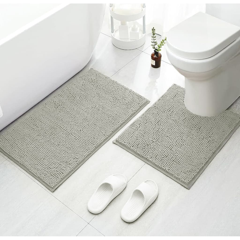 2 Piece Set Warm Grey Soft Cozy Plush Chenille Bath Mat Bathroom Rug