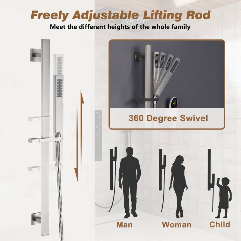 Luxury 5-Spray Patterns 28 in. Ceiling Mount Shower System with Handheld Shower Head, 3 Body Jets, LED, and Music - 16" x 28"
