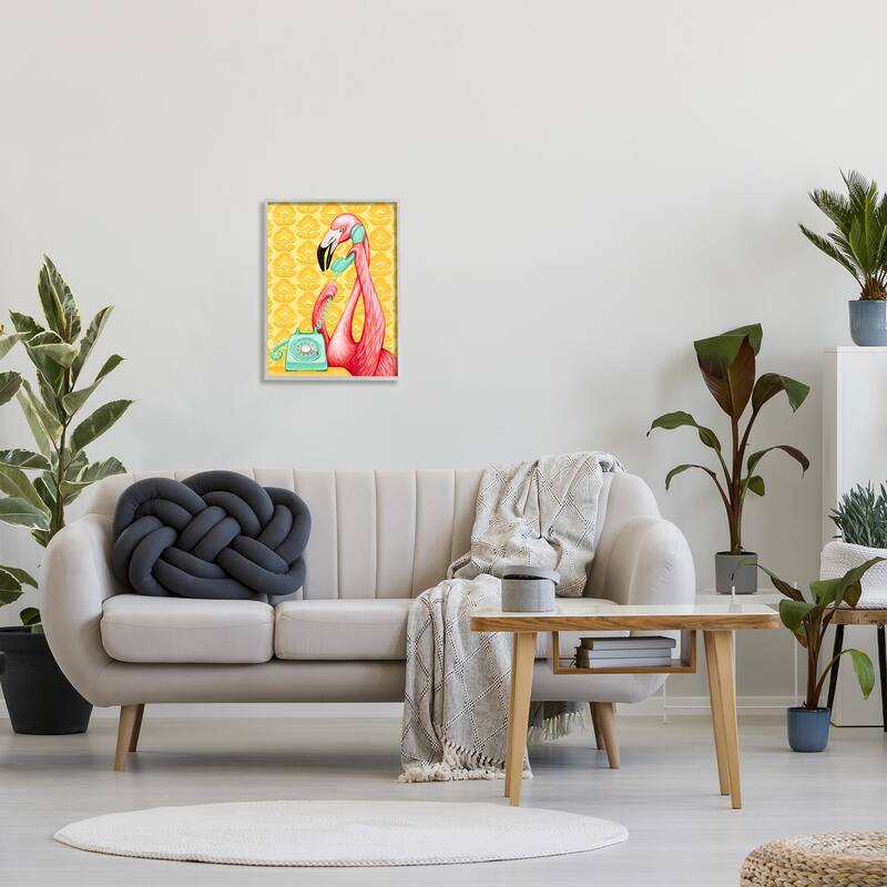 Stupell Flamingo Calling Dial Telephone Groovy Flowers Wallpaper Framed Wall Art, Design by Amelie Legault - Yellow